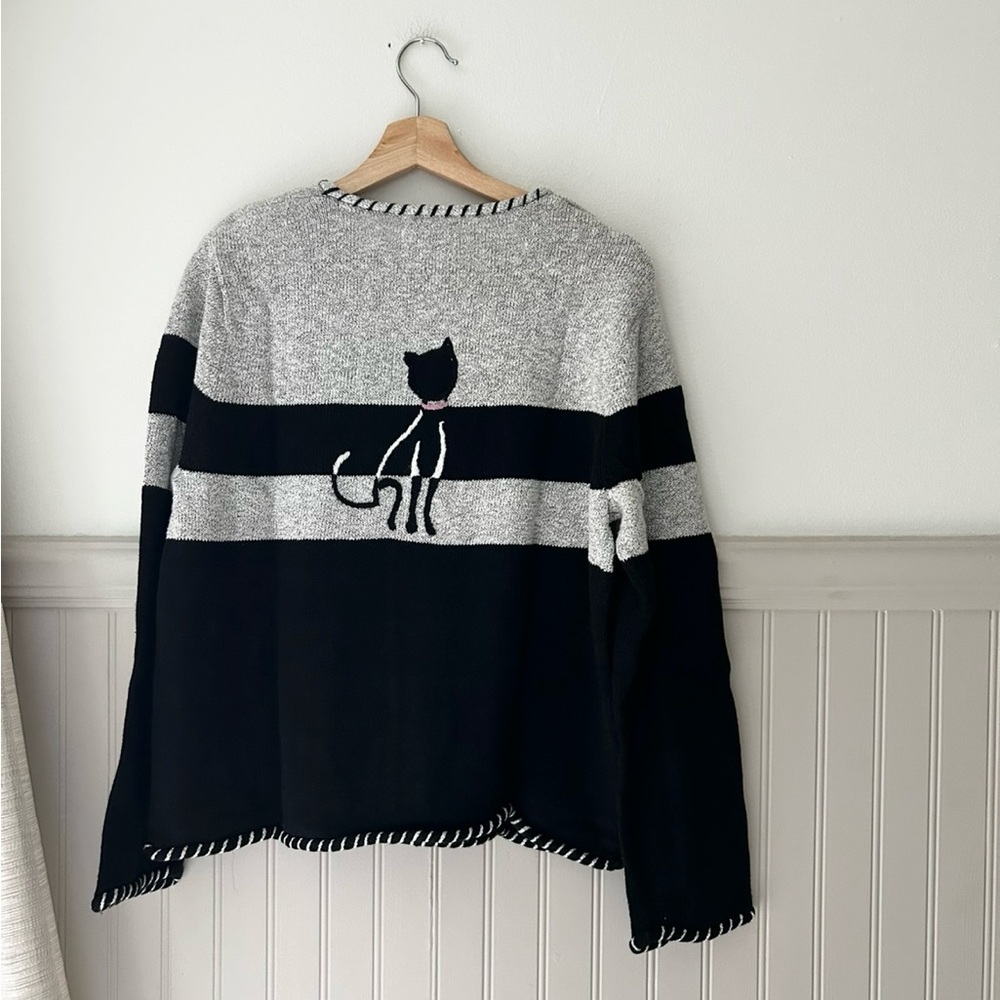 Vintage Christopher & Banks Medium Black Gray Cat Embroidered Knit Sweater - Picture 4 of 4